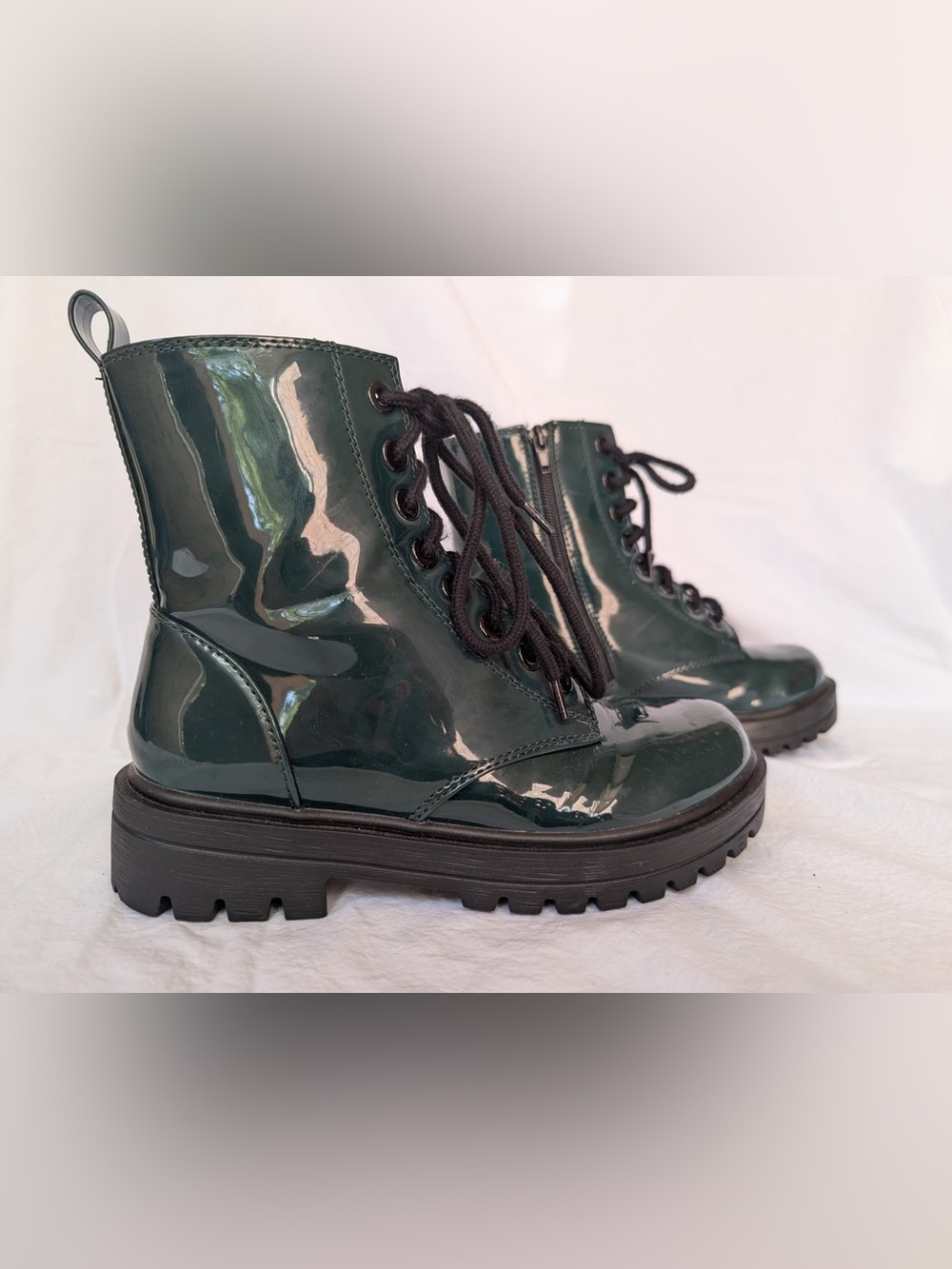 Soda Dark Green Patent Lace-Up Combat Boots